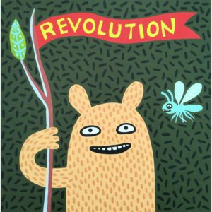 Mammal holding Revolution flag with insect smiling