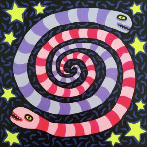 Purple and pink spiral snakes surrounded by stars